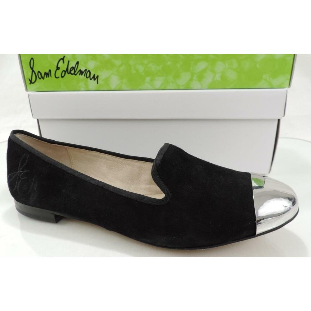 Sam Edelman Size 6.5 Aster Slip On Loafers Metal Cap Toe Flat Shoes Black suede